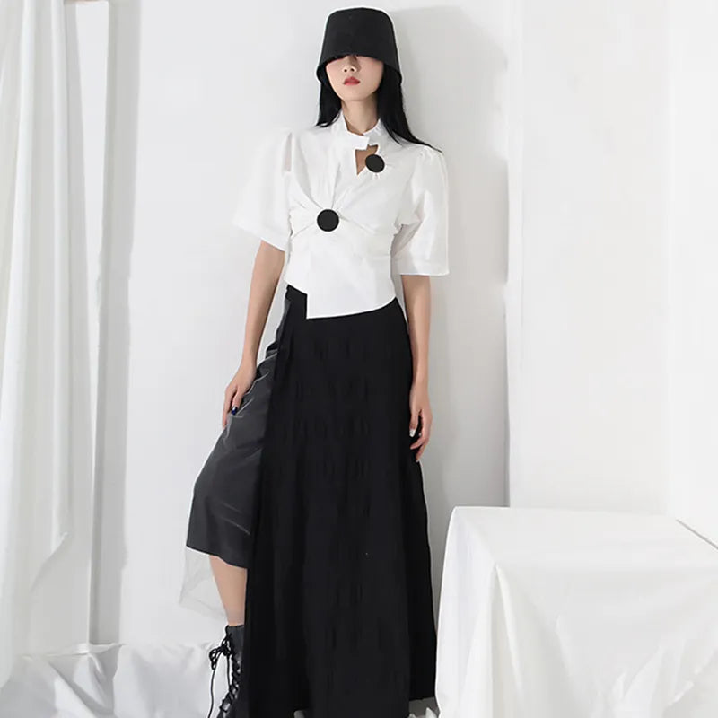 White Casual Cut Out Shirts Female Irregular Collar Short Sleeve Asymmetrical Korean Fashion Woman Blouses 2022 New