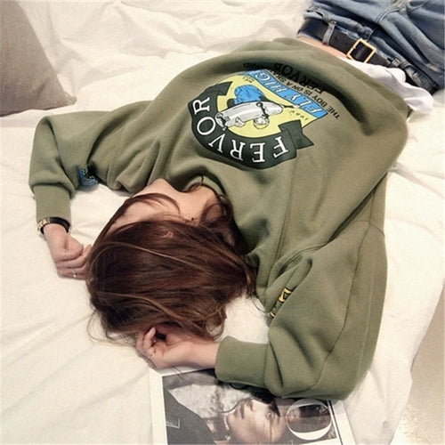 Load image into Gallery viewer, Winter Autumn Harajuku Funny Cartoon Tracksuit for Women Pullover Fleece Hoodies Loose Female Sweatshirt Army Green
