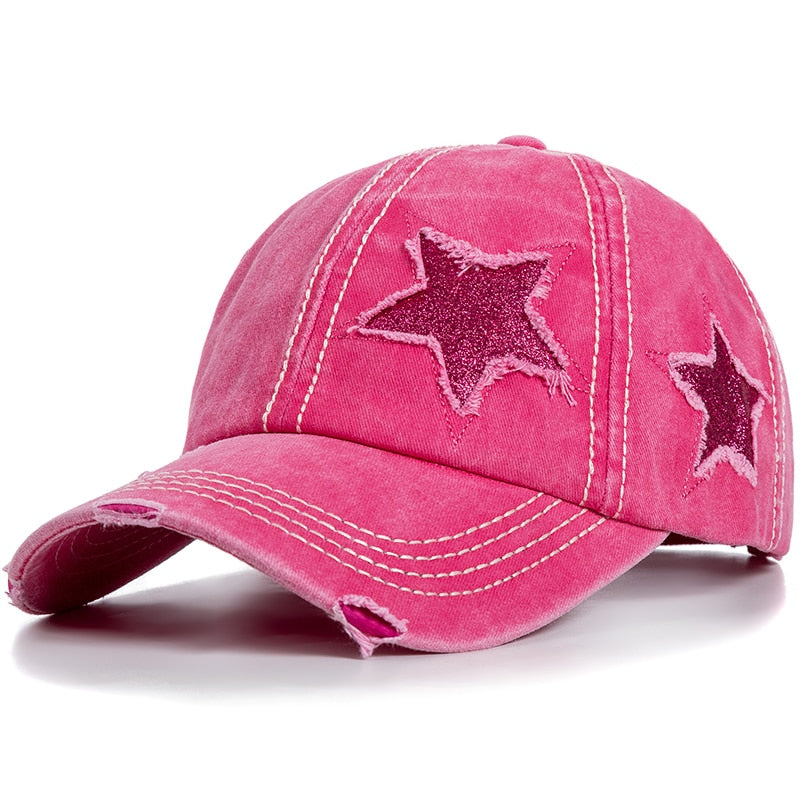 Fashion Women Ponytail Cap Sequins 5-Point Star Hole Design Baseball Cap Female Washed Cotton Streetwear Hats