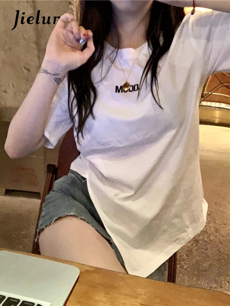 Summer Korean Fashion Short-sleeved T-shirt Women Casual Creative Letter embroidery Basic Tees Black  Trend Tops M-XL