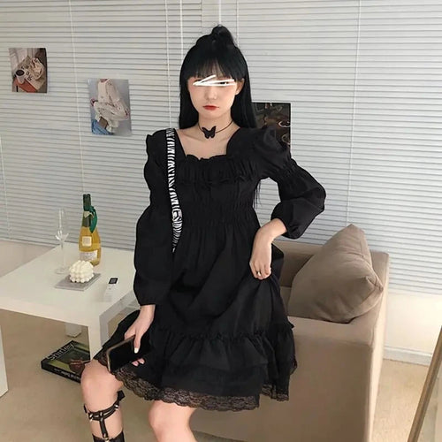 Load image into Gallery viewer, Gothic Black Lace Ruffle Dress For Girls Princess Party Ruched Fairy Grunge Long Sleeve Dresses Woman Fashion Korean
