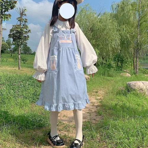 Load image into Gallery viewer, Kawaii Lolita Dress For Girls Soft Japanese Sweets Blue Lolita Outfit Cute Slip Dress Summer Rabbit Embroidery JSK
