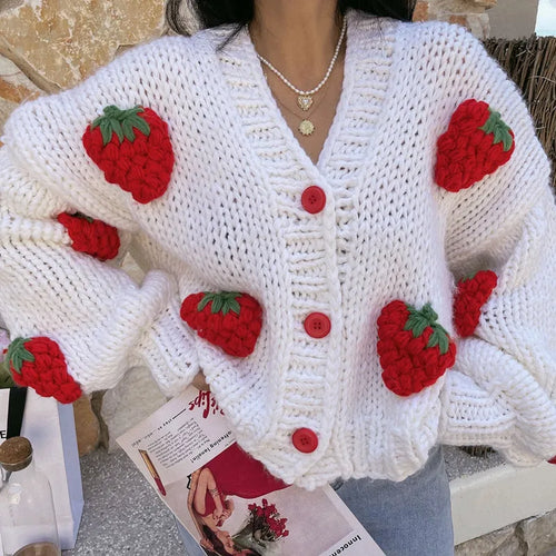 Load image into Gallery viewer, Women&#39;s Winter Sweater Coat Thick Knitwear Strawberry Chic Crochet Tops Autumn V-neck Loose Vintage Casual Cardigan For Women
