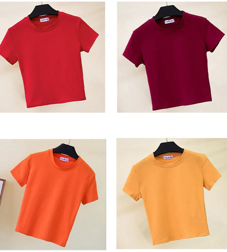 Green Crop Top T-Shirt Female Solid Cotton O-Neck Short Sleeve T-shirts for Women High Waist Slim Short Sport Femme T-Shirt