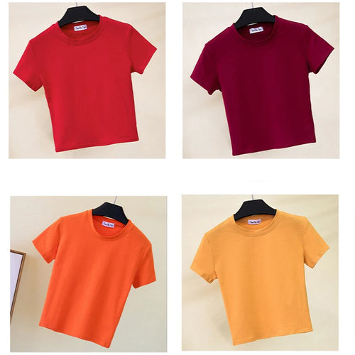 Load image into Gallery viewer, Green Crop Top T-Shirt Female Solid Cotton O-Neck Short Sleeve T-shirts for Women High Waist Slim Short Sport Femme T-Shirt
