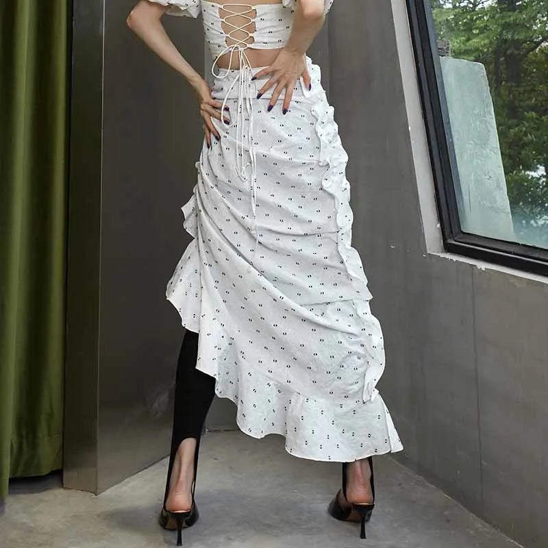 White Print Patchwork Vintage Skirt For Women High Waist Shirring Side Split Skirts Female Summer Clothing