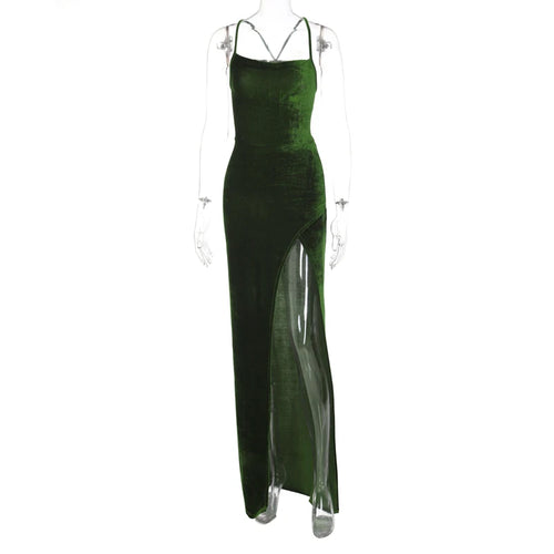 Load image into Gallery viewer, Velvet Slip Swinging Collar Sleeveless Slit Bodycon Maxi Dress Solid 2024 Fall Elegant Clothes Evening Party Chrismas
