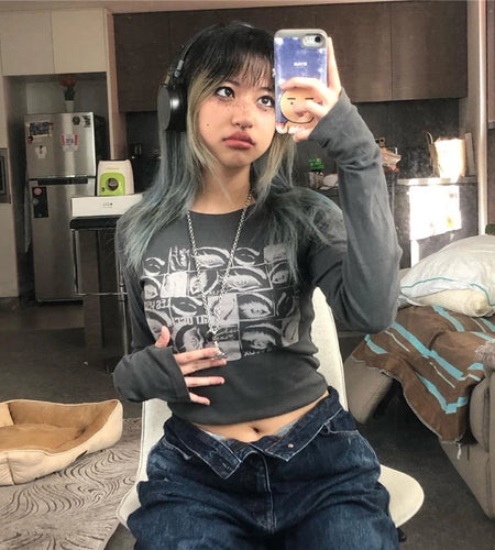 Y2k Aesthetic Grunge Goth T-shirt Tee Female Clothing Y2k Graphic Print Long Sleeve Tops Harajuku Clothes Streetwear