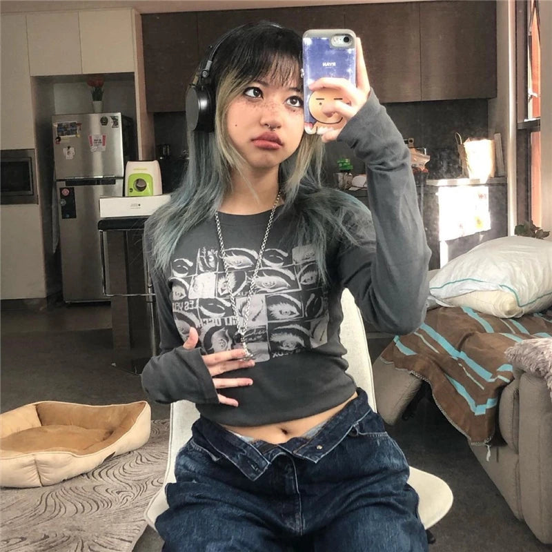 Y2k Aesthetic Grunge Goth T-shirt Tee Female Clothing Y2k Graphic Print Long Sleeve Tops Harajuku Clothes Streetwear