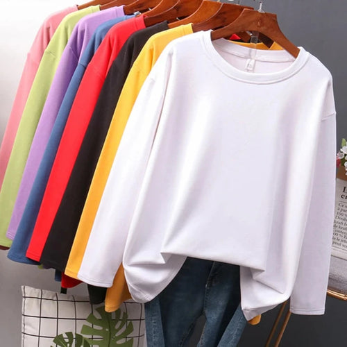 Load image into Gallery viewer, Autumn Cotton T shirt Female Pure Color Long Sleeve Women&#39;s T-shirts M-XXL Size Yellow White Simple Basic Tee Tops
