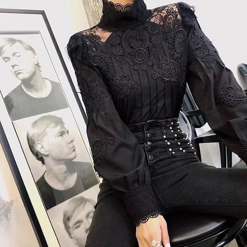 Load image into Gallery viewer, Mesh Lace Patchwork Shirt Female Stand Collar Lantern Sleeve Woman Blouses Autumn Korean Fashion Clothing
