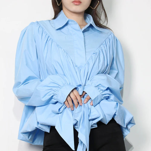 Load image into Gallery viewer, Loose Frill Trim Shirt For Women Lapel Long Sleeve Casual Lace Up Bow Blouse Female Fashion Clothing Autumn
