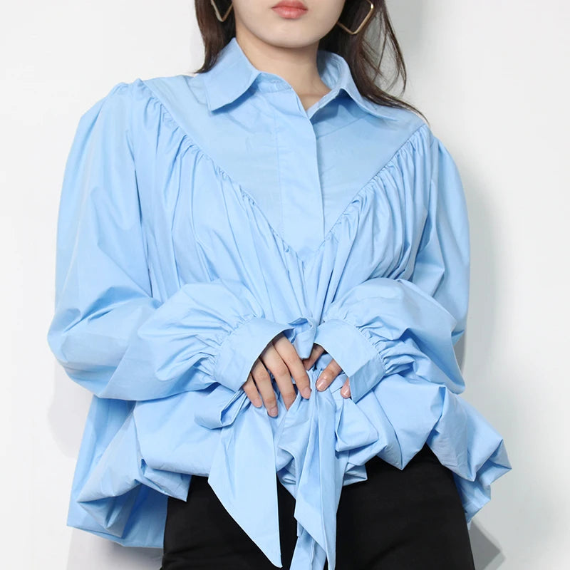 Loose Frill Trim Shirt For Women Lapel Long Sleeve Casual Lace Up Bow Blouse Female Fashion Clothing Autumn