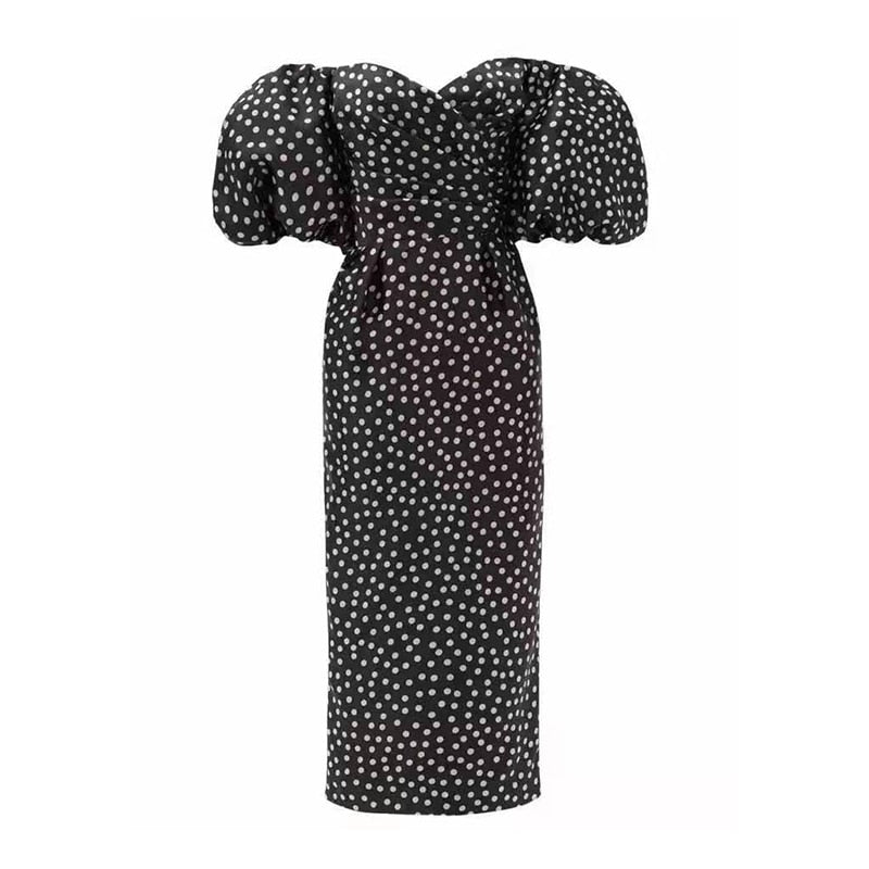 Print Dot Slim Dress For Women Slash Neck Puff Sleeve High Waist Split Sexy Dresses Female Fashion Clothing