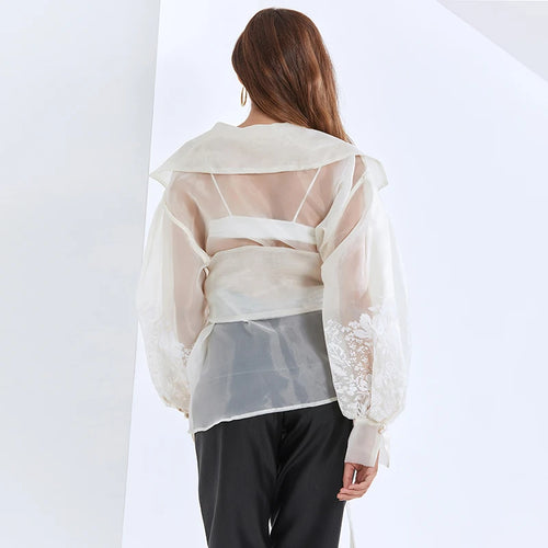 Load image into Gallery viewer, Vintage Print Embroidery Shirt For Women Lapel Long Sleeve Sashes Elegant Blouse Female Fashion Clothing Spring

