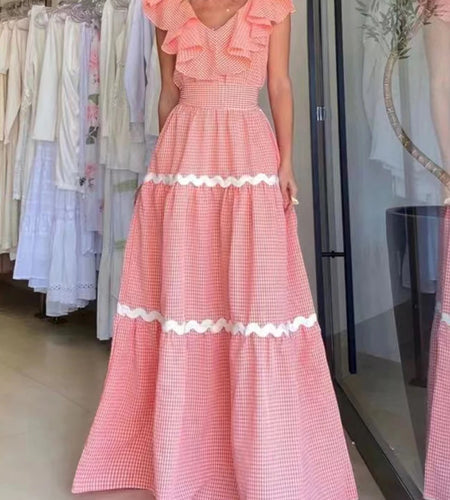 Colorblock Dress For Women V Neck Sleeveless Patchwork Ruffle Trim High Waist Casual Dresses Female 2022 Fashion Clothes New