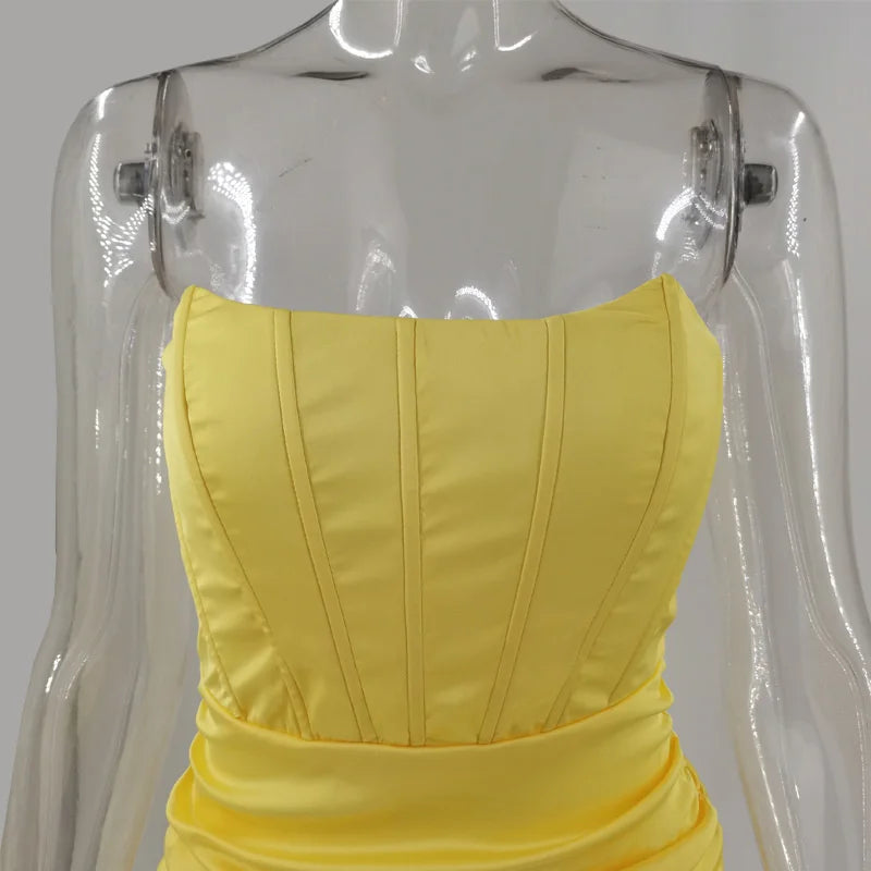 Satin Strapless Ruched Dress For Women Summer Off-shoulder Sleeveless Bodycon Party Clubwear Mini Dresses Vestidos