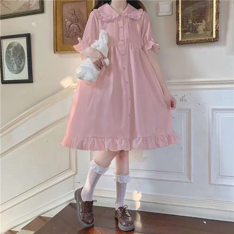 Soft Girl Lolita Dress Kawaii Peter Pan Collar Cute Ruffle Puff Sleeve Black Pink Red Dress Summer Sundress Japanese