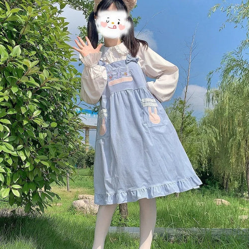 Load image into Gallery viewer, Kawaii Lolita Dress For Girls Soft Japanese Sweets Blue Lolita Outfit Cute Slip Dress Summer Rabbit Embroidery JSK
