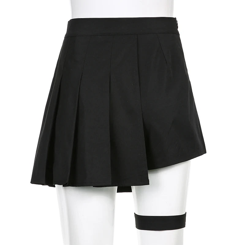 Asymmetrical Punk Style Black Pleated Skirt Buckle Summer High Waist Skirt Women Gothic Clothes Mini Skirts Party Hot