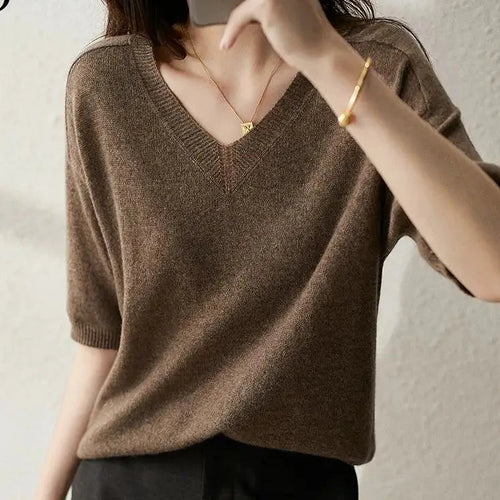 Load image into Gallery viewer, Solid Colour Knitted Women&#39;s Sweater Short-Sleeved Ladies V-Neck Cotton Pullover Korean Bottoming Shirt Sweater Summer
