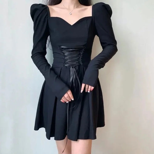 Load image into Gallery viewer, Vintage Bandage Black Mini Dress Women French Puff Sleeve Square Collar Short Dresses Bodycon Wrap Party Korean Style
