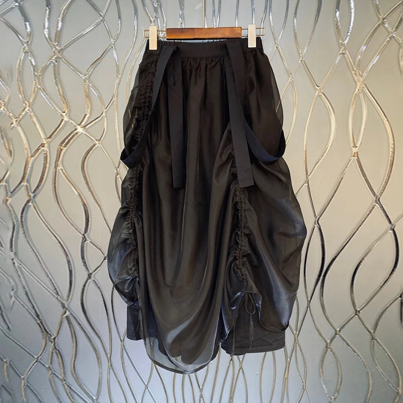 Black Ruched Drawstring Skirt For Women High Waist Irregular Casual Skirts Female Fashion Clothing