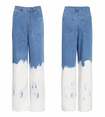 Casual Loose Painted Women Full Length Jeans High Waist Hit Color Asymmetrical Denim Wide Leg Pants For Female