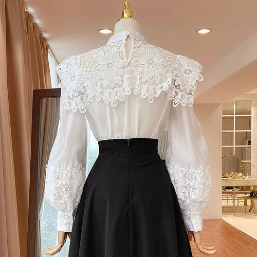 Load image into Gallery viewer, Vintage Patchwork Lace Embroidery Shirt For Women Stand Collar Lantern Sleeve Ruched Elegant Blouse Female
