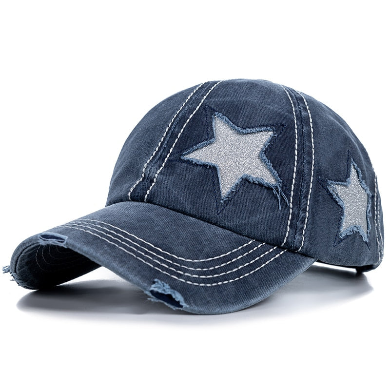 Fashion Women Ponytail Cap Sequins 5-Point Star Hole Design Baseball Cap Female Washed Cotton Streetwear Hats