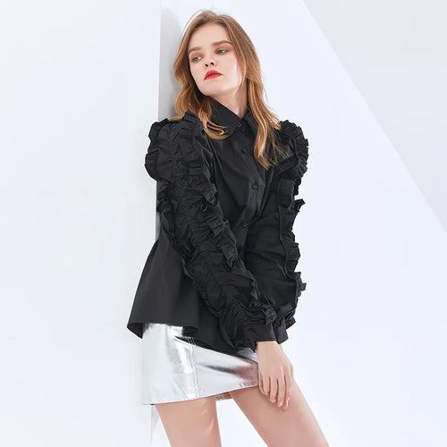 Load image into Gallery viewer, Elegant Solid Shirt For Women Lapel Ruffle Sleeve Tunic Minimalist Blouse Female Fashion Clothing Spring
