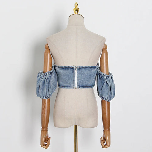 Load image into Gallery viewer, Sexy Denim Women Shirts Slash Neck Puff Short Sleeveless Short Ruched Blouses For Female Fashion Clothes Tide
