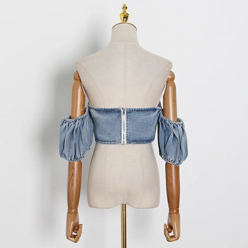 Sexy Denim Women Shirts Slash Neck Puff Short Sleeveless Short Ruched Blouses For Female Fashion Clothes Tide