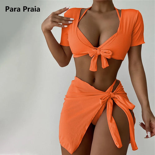 Load image into Gallery viewer, 4 Pieces Bandage Bikinis Set 2024 Skirt Swimwear Women High Waist Short Sleeve Swimsuit Female Summer Tie Biquini
