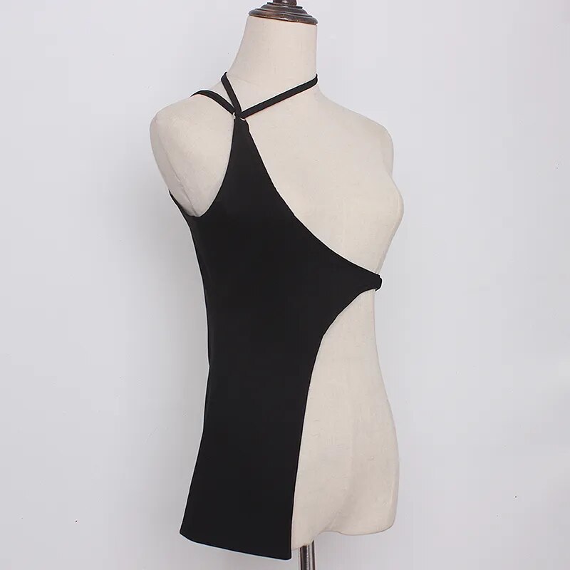 Black Sexy Vests For Women Asymmetrical Collar Sleeveless Bandage Irregular Solid Tank Tops Female Summer