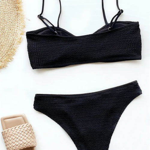 Load image into Gallery viewer, Sexy Solid Bandeau Swimsuit Women Push Up Bikinis Set Mid Waist Bathing Suit Thong Swimwear Summer
