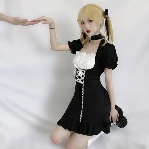 Load image into Gallery viewer, Women&#39;s Maid Dress Kawaii Lolita Outfit French Milkmaid Costume Cosplay Bandage Sexy Waitress Dress Puff Sleeve Uniform
