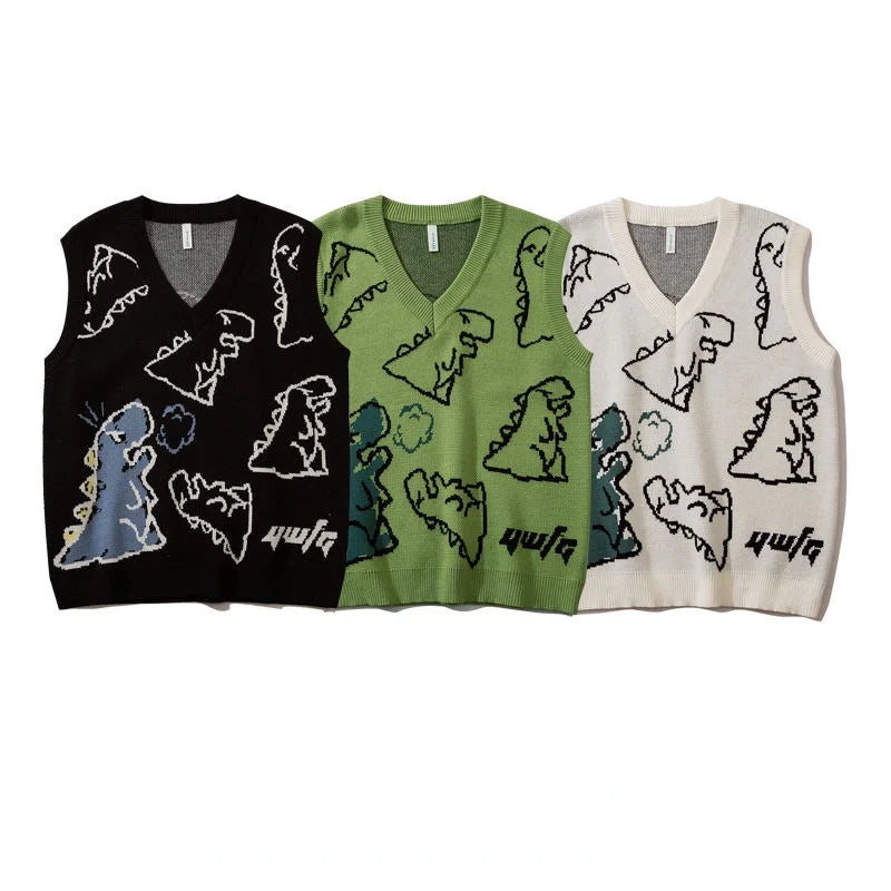 Knitted Sweater Vest Women Men Vintage Dinosaur Jacquard Waistcoat Female 2025 Loose Y2k All-match Pullover Vests