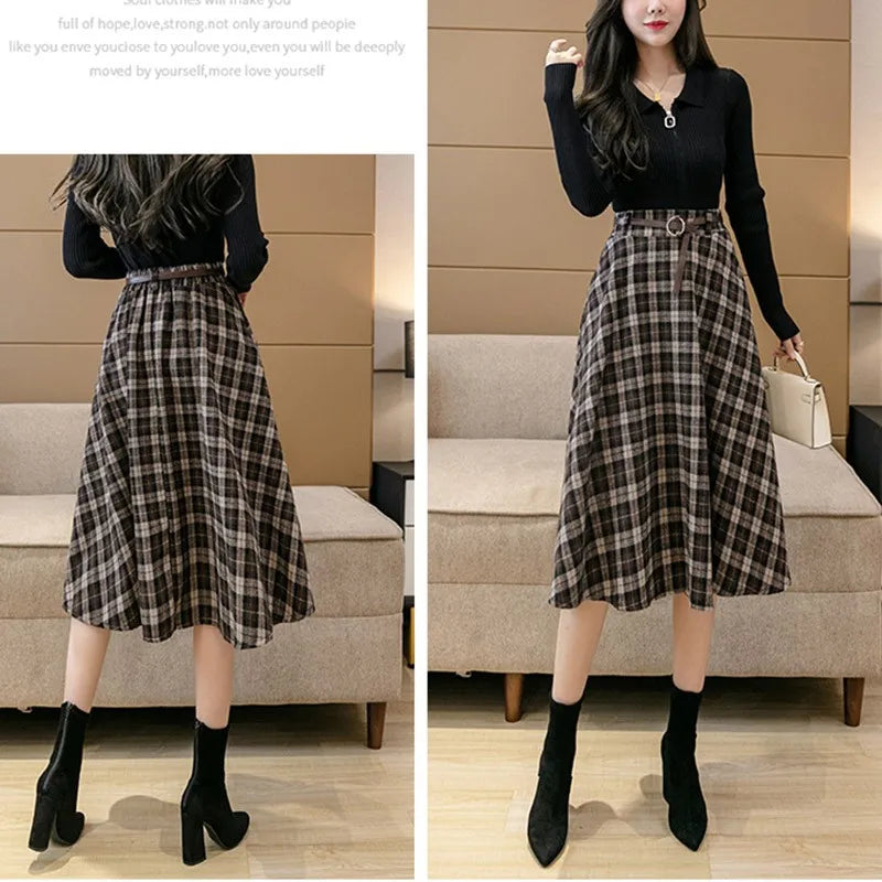 Plaid Skirts Womens Vintage Medium Long Belt Lace Up Pocket High Waist Skirt Loose Winter New All-match Fashion Midi Skirt Lady