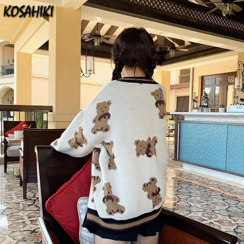 Autumn Women Clothing Knitted Sweater Bear Cardigan Cute Tops Korean Japanese Fashion Crochet Top Harajuku Kardigany