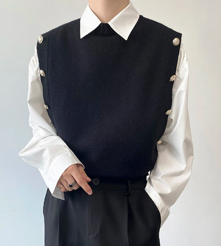 Menswear Preppy Style Fashion Chic Button Spliced Knitting Pullovers Men's New Round Neck Sweater Vest Autumn Winter