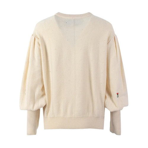 Load image into Gallery viewer, Casual Apricot Embroidered Women&#39;s Sweater Round Neck Lantern Long Sleeve Korean Fashion Sweaters Female Autumn
