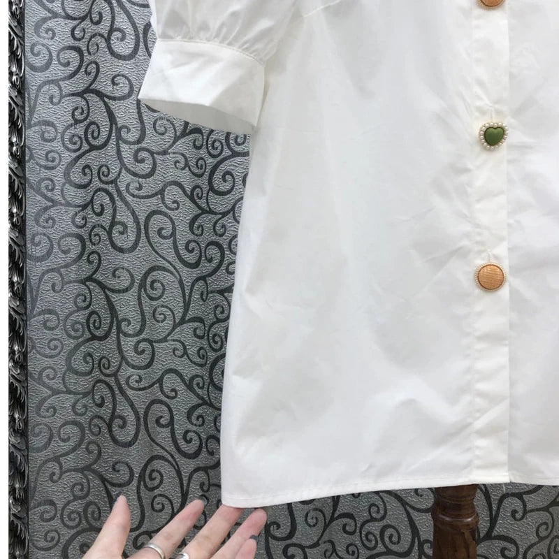 Casual Patchwork Pearl Shirt For Women Lapel Short Sleeve Elegant Blouse Female Fashion Clothing Stylish