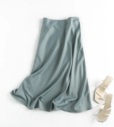 Summer Faldas Mujer Moda 2025 Midi Skirts Womens England Office Lady Satin High Waist Simple Elegant Long Skirt Women