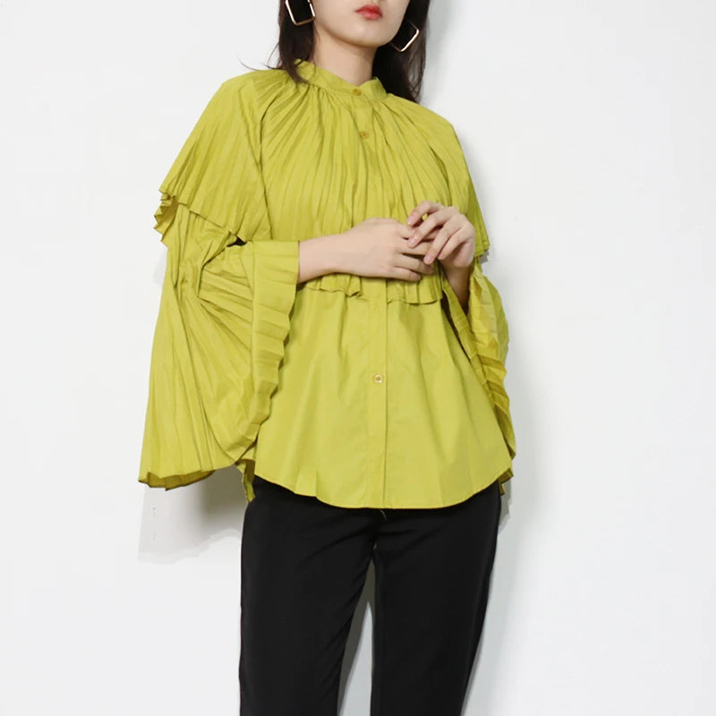 Plain Pleated Casual Shirt For Women Stand Collar Bell Long Sleeve Loose Blouse Female Fashion Clothing