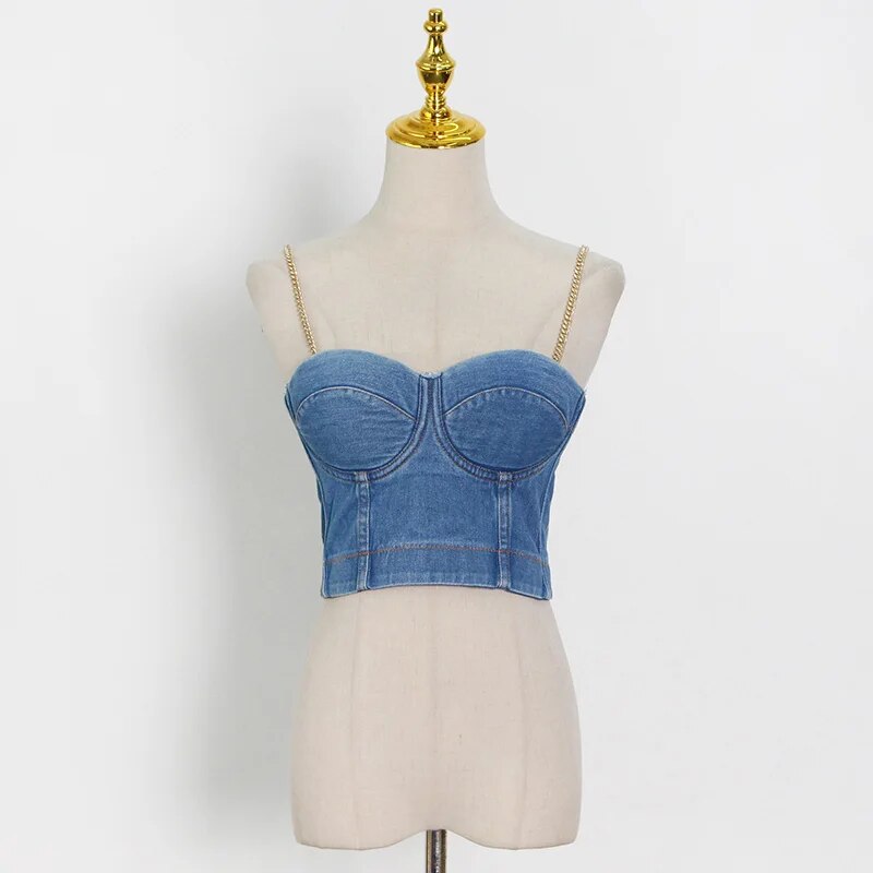 Sexy Denim Tank Tops For Women Square Collar Sleeveless Patchwork Chain Slim Short Vest Female Fashion Summer