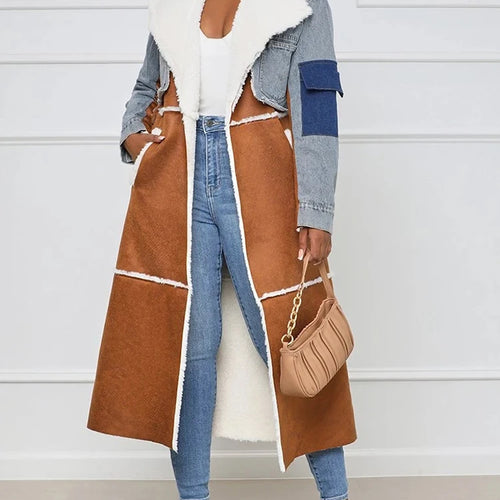 Load image into Gallery viewer, Casual Patchwork Pockets Colorblock Jackets For Women Lapel Loose Long Sleeve Open Stitch Female Winter Fashion Clothes
