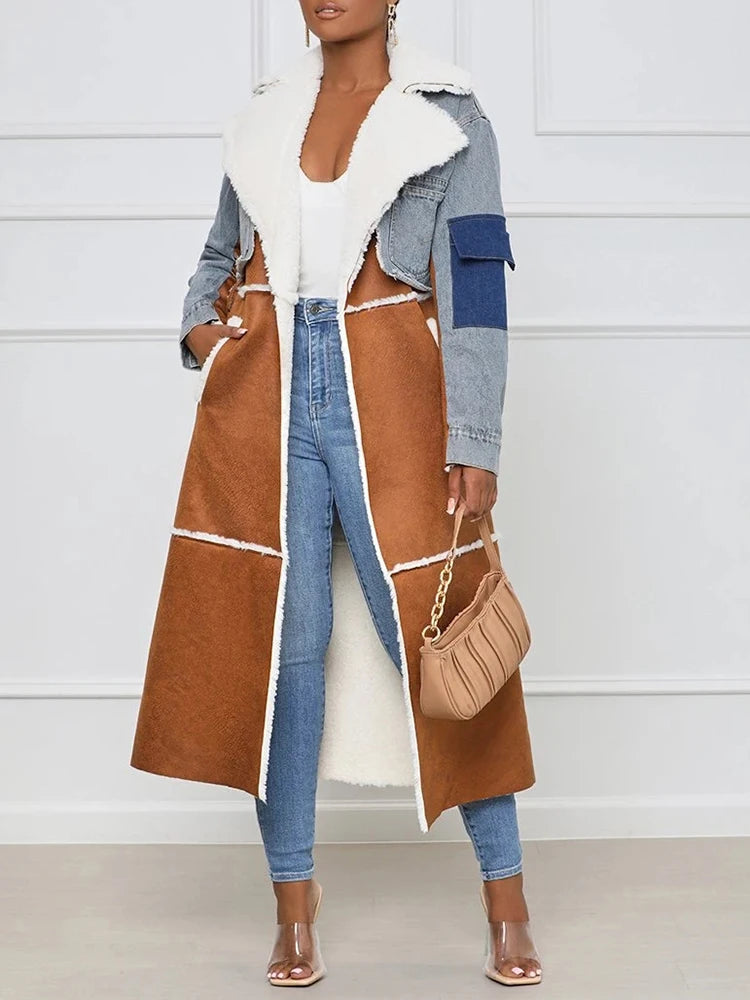 Casual Patchwork Pockets Colorblock Jackets For Women Lapel Loose Long Sleeve Open Stitch Female Winter Fashion Clothes
