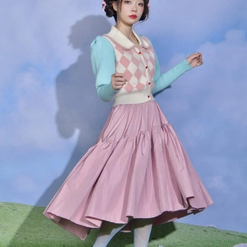 Preppy Style Crop Knit Cardigans Contrast Color Argyle Sweater Women Sweet Y2k Pull Femme Short Casual Coat Harajuku