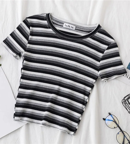 New T Shirt Women Rainbow Striped Tops Slim Fit t shirt Harajuku Tshirt Summer Short Sleeve Korean T-shirt feminina Clothes Tops